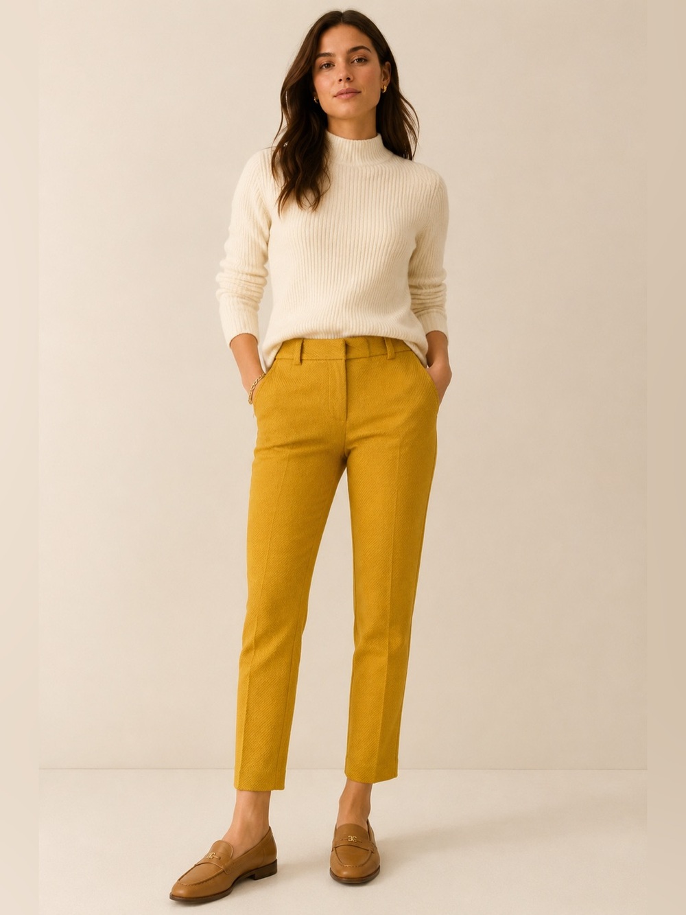 Tory Burch Mustard Yellow Textured Ankle Crop Pants Size 0 Career
